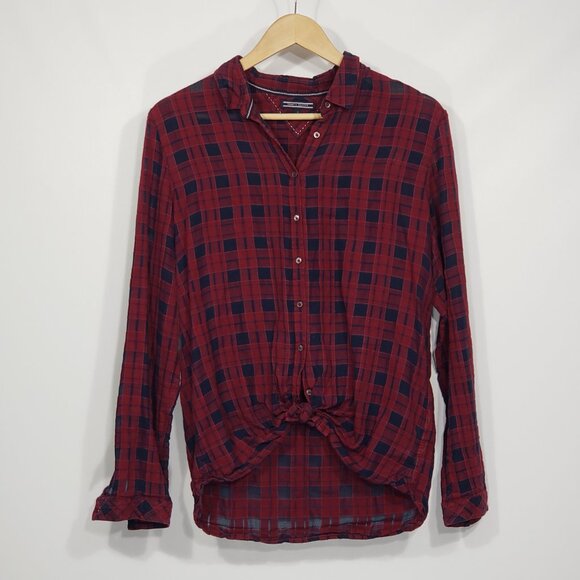 Tommy Hilfiger  Red Blue Plaid  Semi Sheer Buttondown Shirt  Women's 10 - Picture 1 of 5